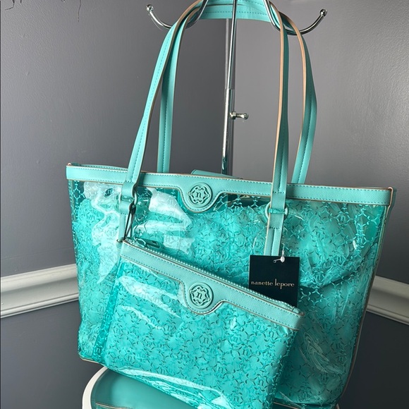 Nanette Lepore Turquoise Tote and Pouch Set - Picture 1 of 13